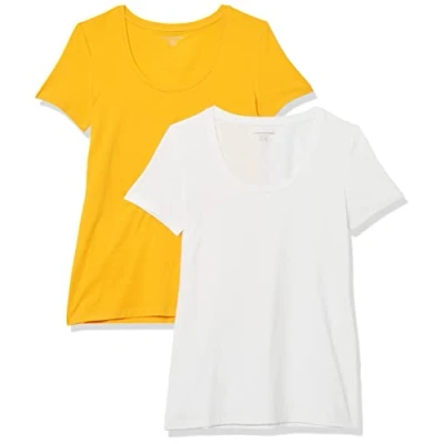 Afbeelding van Amazon Essentials Dames Classic Fit T shirt met korte mouwen en ronde hals (verkrijgbaar in grote maten), 2 stuks, wit/goudgeel, XS