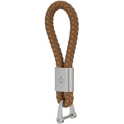 Afbeelding van Sleutelhanger van imitatieleer gevlochten en roestvrij staal met D sluiting cadeau voor vrouw man vriend auto fiets motor boot zilver 22Skipper (lichtbruin 7283)
