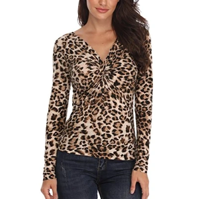 Afbeelding van MISS MOLY Luipaardprint Top Vrouwen Diepe V hals Twist Knoop Front Lange Mouw Shirt, Luipaard Print, 44 46