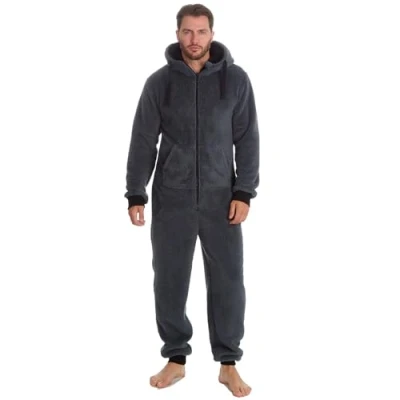 Afbeelding van Slumber Hut® Grijze fleece onesie met capuchon voor heren en jongens bijpassende maten volwassenen kinderen warme harige all in one pyjama elastische manchetten, Houtskool