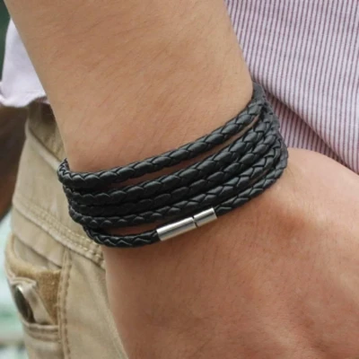 Afbeelding van Joboly Stoere multilayer wikkel mannen / Heren armband gevlochten met handige sluiting Zwart 20 cm