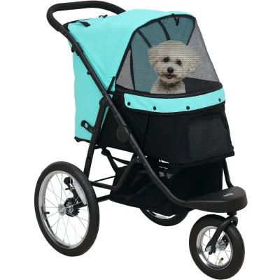 Afbeelding van PawHut Hundewagen Jogger Hundebuggy klappbar für kleine Hunde &amp; Katzen bis 10 kg Katzenbuggy mit 3 große Gummiräder, Kissen Netzfenstern Aufbewahrungskorb Katzenwagen Sicherheitsleinen, Türkis
