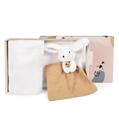 Afbeelding van DouDOU et Compagnie Zachte babydeken met zijn knuffeldier konijn fleecedeken collectie Happy Wild wit 100 x 70 cm geschenkdoos voor geboorte baby DC3978