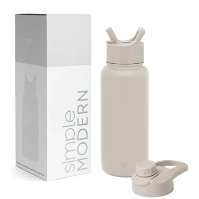 Afbeelding van Simple Modern Waterfles met rietje en Chug deksel, vacuüm geïsoleerde roestvrijstalen metalen thermosflessen Herbruikbare lekvrije BPA vrije fles voor sport Summit Collection 947 ml, amandelberk