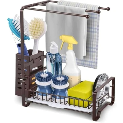 Afbeelding van Bomclap Spoelbakorganizer, sponshouder voor keukenspoelbak met afvoerpan, roestvrijstalen gootsteen, caddy organizer keuken, gootsteenorganizer, gebruiksvoorwerpen, mand vaatdoek, sponzen,