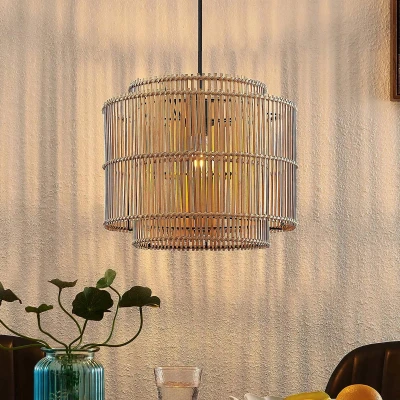 Afbeelding van Lindby Hanglamp 1licht bamboe, staal H: 29.5 cm E27 natuur zwart