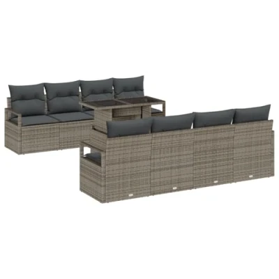 Afbeelding van vidaXL 9 delige Tuin Sofa Set met Kussens Grijs Poly Rattan, 2 zits Rattan