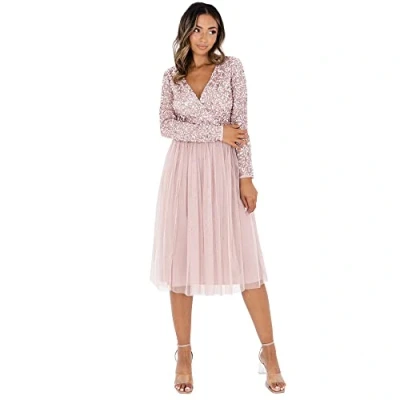 Afbeelding van Maya Deluxe Dames Faux Warp Voorkant Versierde Midi Jurk Bruidsmeisje, Frosted Roze, 24