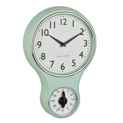 Afbeelding van TFA Dostmann Analoge retro wandklok met timer, 60.3073.20, eierwekker tot 60 min, keukenwandklok, incl. kwartsklok, glazen afdekking, vintage design, mintgroen