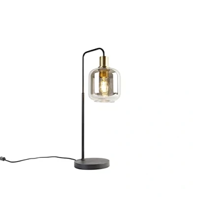Afbeelding van QAZQA Design tafellamp zwart met goud en smoke glas Zuzanna