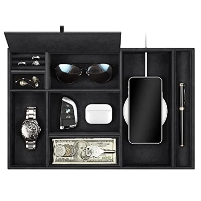 Afbeelding van SITHON Valet Tray Desktop Organizer 8 compartimenten Catchall EDC lade PU lederen nachtkastje ijdelheid caddy muntendoos sleutel sieraden opslag organizer, (zwart)