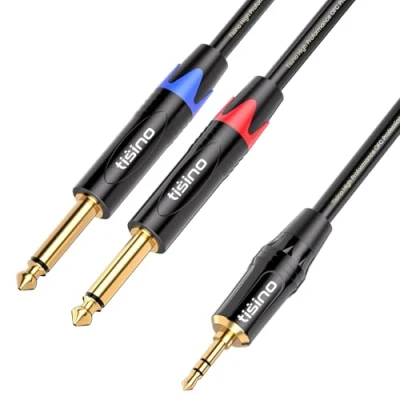 Afbeelding van Tisino 3,5 mm naar 6,35 stereokabel, mini jack TRS stereo dubbele TS mono Y splitter audiokabel Aux breakout kabel 1 m
