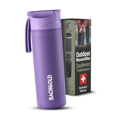 Afbeelding van Bachgold® Professionele outdoor waterfilterfles met 1500 liter filtercapaciteit, verwijdert 99,99% van alle bacteriën en filtert virussen, deeltjes zware metalen, paars