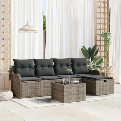 Afbeelding van vidaXL 6 delige Tuin Sofa Set met Kussens Grijs Poly Rattan
