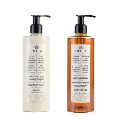 Afbeelding van Prija Hand en Bodymoisturiser met Vitamine E Vitaliserende 2 in 1 Douchegel Shampoo Ginsengextract Bundel x 380 ml
