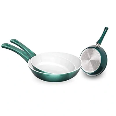 Afbeelding van Genius Cerafit Fusion braadpannenset, inductie keramische pannen (3 delen) in smaragdgroen met krasbestendige antiaanbaklaag voor gezond koken zonder vet en olie, groot