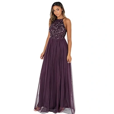 Afbeelding van Maya Deluxe Dames Berry verfraaid Halter Neck Maxi Jurk Bruidsmeisje