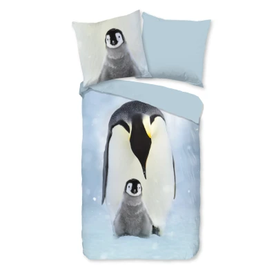 Afbeelding van Kinderdekbedovertrek 135x200 cm Pinguïn Print Blauw/Wit 1 Persoons 100% Katoen Flanel