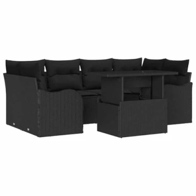 Afbeelding van vidaXL 7 delige tuinsofa set met kussens zwart poly rattan