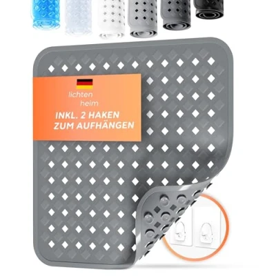 Afbeelding van LICHTENHEIM Douchemat, antislip, 53 x cm, inclusief 2 haken, badmat, ruitdesign, antislipmat, badkuip, BPA vrij, schimmelbestendig en wasbaar, antraciet