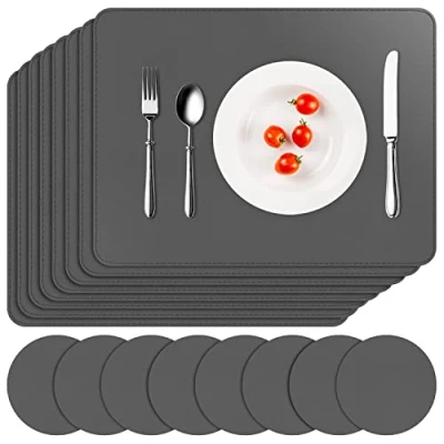 Afbeelding van APLKER placemats en onderzettersets 8, kunstleer waterdichte dubbelzijdige tafelmatten, antislip, wasbare voor thuis, keuken, restaurant, grijs