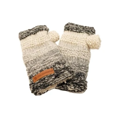 Afbeelding van Pachamama Vrouwen Zachte Wol Mohair Hand Polswarmers Sherpa Fleece Gevoerd Handgebreid Neutraal Grijs One Size Handgemaakte Duimgat Thermische Extra Warm Fair Trade, Smoke Grey, Gebroken wit, M