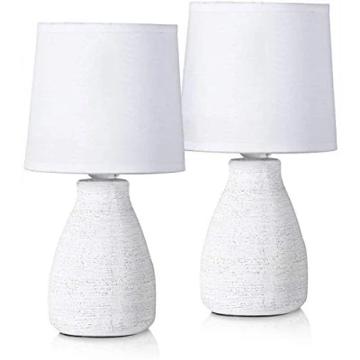 Afbeelding van BRUBAKER Set van 2 tafellampen Bedlampjes Decoratieve Keramische lampvoeten Katoenen Lampekap Landhuis Shabby Chic 28 cm Wit