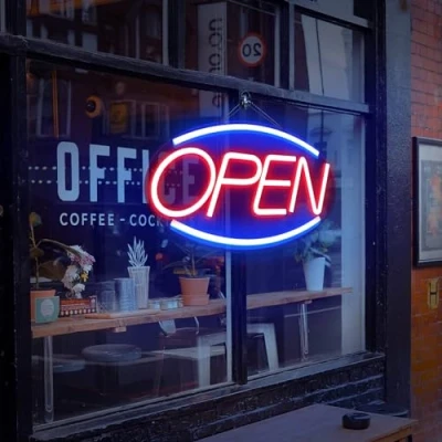 Afbeelding van SOLIDEE Led OPEN neonbord, aangedreven door USB neonbord met dimbare schakelaars, lichtreclame voor decoratieve party, bar, pub, hotel, winkel, café, restaurant, speelkamer, bord (ovaal)
