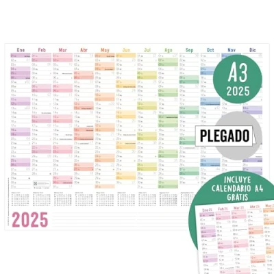 Afbeelding van Häfft® Wandkalender 2025, A3, in het Spaans (42 x 29,7 cm), gevouwen &quot;Rainbow&quot;, wandplanner met Spaanse feestdagen + extra A4 kalender, duurzaam en klimaatvriendelijk