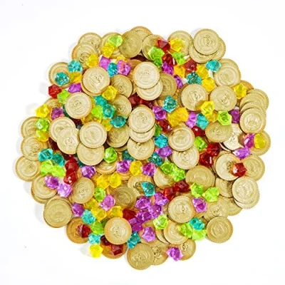 Afbeelding van JOYIN 288 stuks piraat gouden munten en edelstenen sieraden speelset pakket feestgunst. (144 munten+144 edelstenen)
