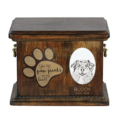 Afbeelding van Art Dog Custom Memorial Urn Handgemaakt Koud Gegoten Bronzen Portret op Berken Basis met Gepersonaliseerde Keramische Plaat 8,3x11,4x8,7 Australische herder