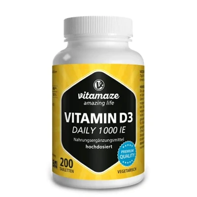 Afbeelding van Vitamine D3 1000 IE hooggedoseerd &amp; vegetarisch, 200 Tabletten voor permanente Voorziening, 25 mcg zuiver Cholecalciferol, Natuurlijk Voedingssupplement zonder Toevoegingen, Made in Germany