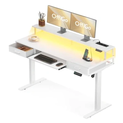 Afbeelding van OffiGo In hoogte verstelbaar bureau, 140 cm, elektrisch bureau met 2 laden, monitorstandaard en toetsenbordplank voor kantoor, wit