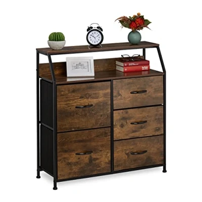 Afbeelding van Relaxdays ladekast, 5 lades, 2 planken, boeken &amp; decoratie, dressoir industrieel, HxBxD: 87x84x32 cm, bruin/zwart