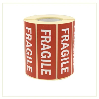 Afbeelding van Palucart 1000 x Fragiele Stickers Wit Op Rood 90x35mm Roll met Tekst Label Breekbaar