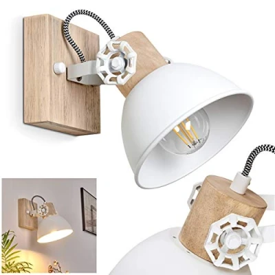 Afbeelding van wandlamp Orny, verstelbare van metaal/hout in wit/bruin, 1 lamp, x E27 fitting, wandspot retro/vintage design, zonder gloeilampen