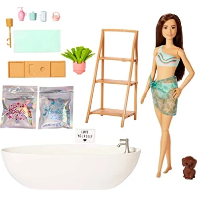 Afbeelding van Barbie Pop en Ligbad Speelset, met puppy, kinderspeelgoed, brunette, kleurrijke confettizeep accessoires, thema verzorging welzijn, HKT93