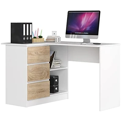 Afbeelding van AKORD hoekbureau B 16 met 3 laden en 2 planken, bureau, hoektafel, voor thuiskantoor, eenvoudige montage, 124 x 77 85 (b h d), 48 kg, wit &amp; sonoma eiken front
