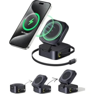 Afbeelding van Baseus PicoGo 2 in 1 laadstation, Qi2 gecertificeerde 15 W Magsafe oplader voor iPhone 16 14 13/AirPods, opvouwbare draadloze met 67 intrekbare USB C kabel MacBook Pro/Air (zonder