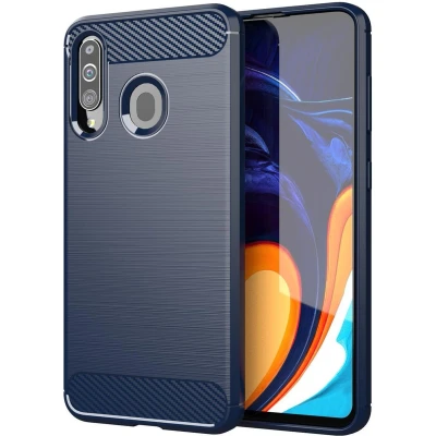 Afbeelding van Cadorabo Hoesje geschikt voor Samsung Galaxy A20s in BRUSHED BLAUW Beschermhoes van flexibel TPU siliconen roestvrij staal carbonvezel look Case Cover
