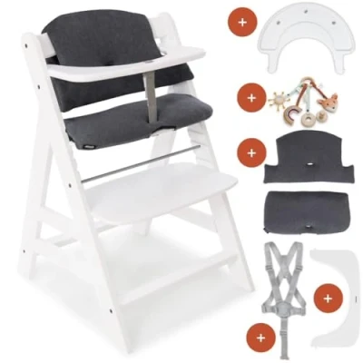 Afbeelding van Hauck kinderstoel Alpha Plus incl. Play Tray Basis, speelring Catching &amp; zitkussen meegroeiende babystoel van hout, vanaf 6 maanden, verstelbaar wit