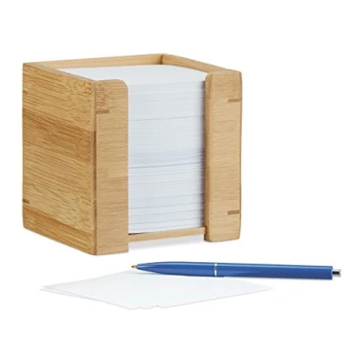 Afbeelding van Relaxdays memohouder bamboe memokubus hout memoblokhouder 9x9 cm 900 vel memo blok