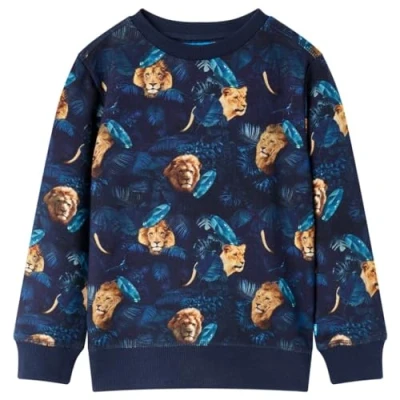 Afbeelding van Kindertrui leeuw en plantenprint 104 marineblauw