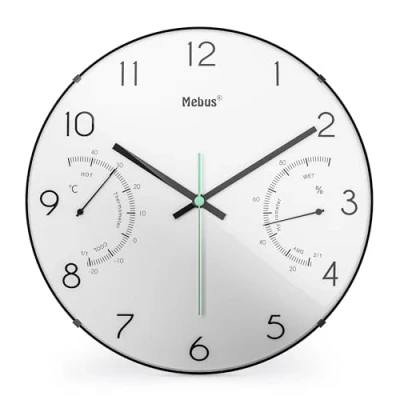 Afbeelding van MEBUS moderne Quarz Wanduhr mit Temperaturanzeige und Luftfeuchtigkeit, 30 cm Durchmesser groß, Wohnzimmer, Küchenuhr, Rund/Modell: 16106 / Farbe: Weiß