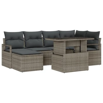 Afbeelding van vidaXL 7 delige Tuinsofa Set met Kussens Grijs Poly Rattan, 2 zits Rattan