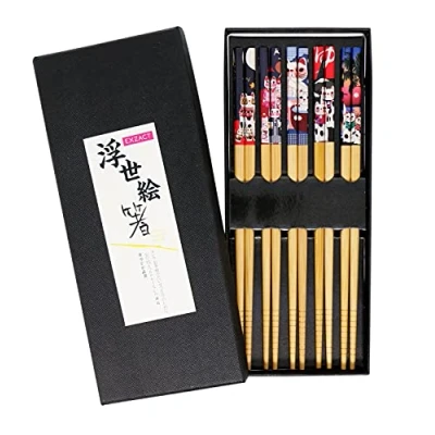 Afbeelding van EXZACT Eetstokjes Cadeauset 5 Paar Herbruikbare Natuurlijke Bamboe In Een Prachtige Zwarte Handgemaakte Doos Versierde Japanse Gelukskat / Stijl