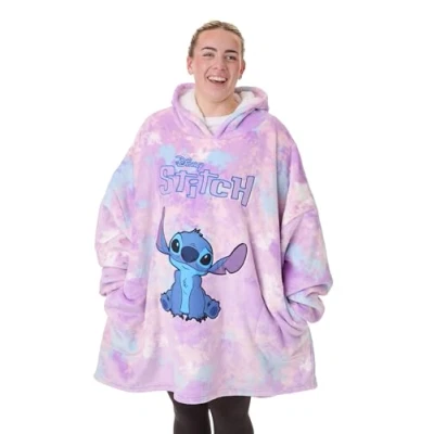 Afbeelding van Disney Lilo &amp; Stitch draagbare deken voor Dames aquarel paars en blauw geborduurd karakter fleece hoodie Zwaargewicht comfortabele trui met capuchon Loungewear film merchandise cadeau