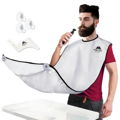Afbeelding van Scheerhaarvanger slabbetje Baard trimschort &amp; scheercape Perfect verzorgings of verjaardagscadeau voor mannen Inclusief vormkam, opbergdoos en e book van Mobi Lock