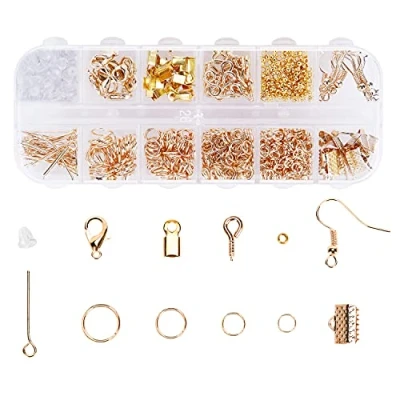 Afbeelding van Sieradenmakelijset, 800 stuks sieraden, knutselaccessoires, starterset met springringen en karabijnsluiting, oorbelhaken enz., voor doe het zelf knutselbenodigdheden reparatie van halskettingen, armbanden, oorbellen (goud)