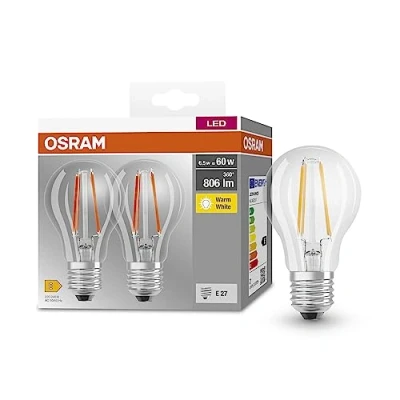 Afbeelding van OSRAM BASE standard filament 60 LED pære med E27 sokkel, klassisk pæreform, 2 pak, 6,5W, 806lm, 2700K, varmt hvidt lys, lav varmeeffekt, lang levetid, lavt energiforbrug